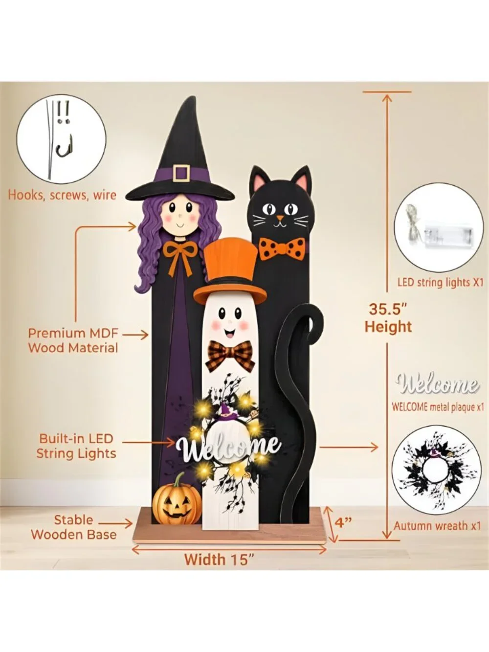 Halloween Welcome Sign with LED Lights, 36